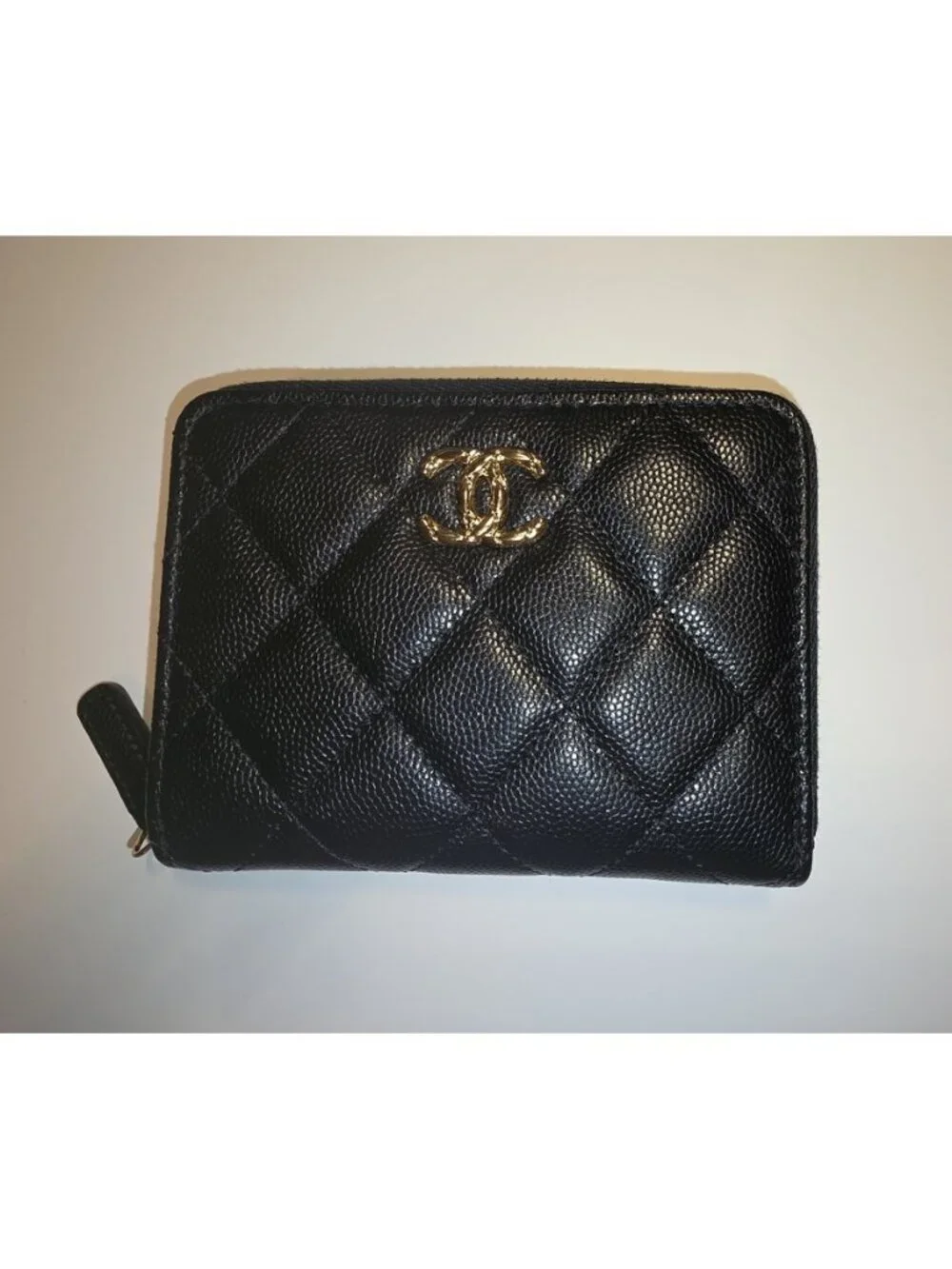 Authentic Chanel Small Zipped Pocket Wallet — Black Caviar Leather, Gold Hardwar
